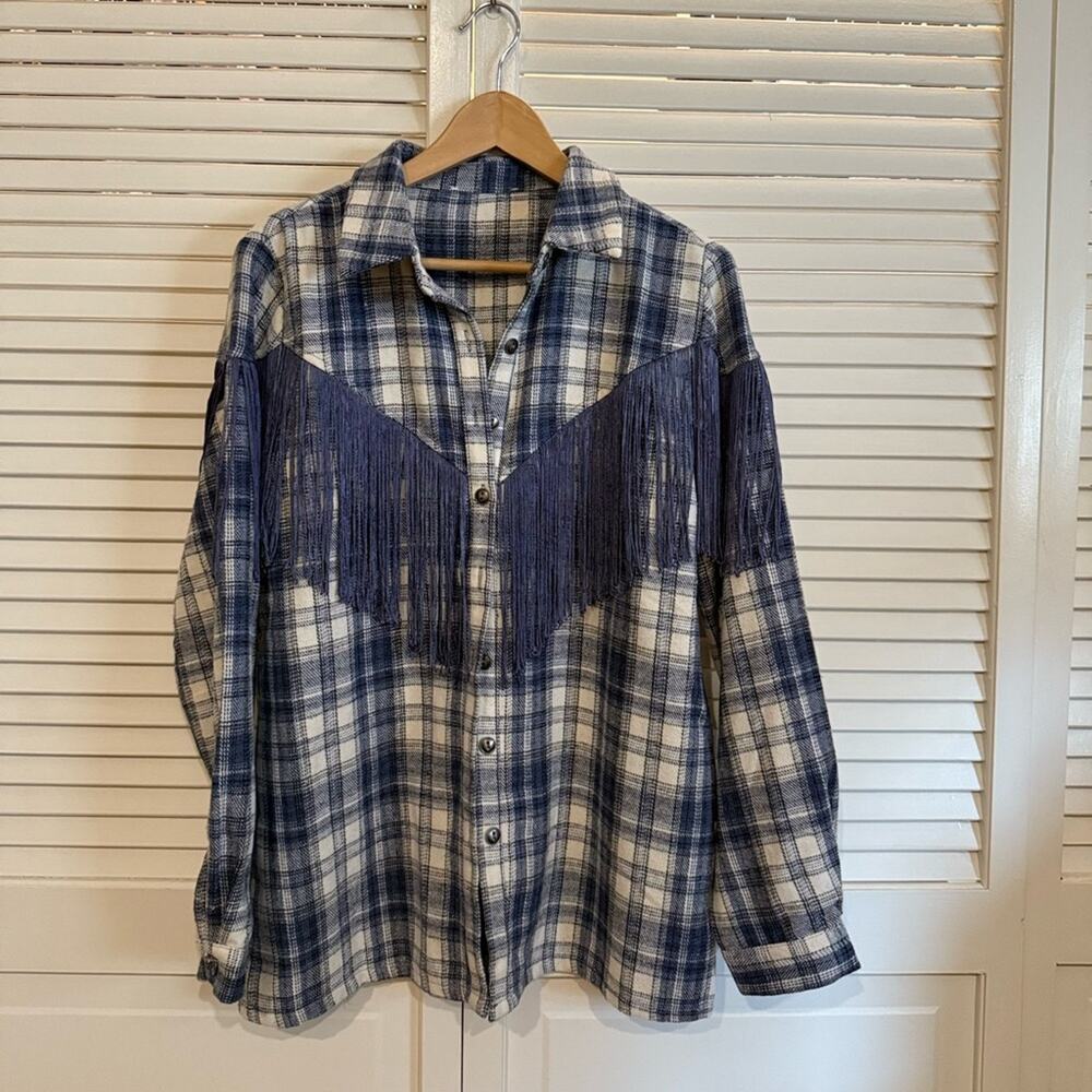 OOAK Western Plaid and Tassel Button Down Shirt Shacket - Picture 2 of 5